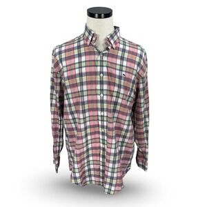 Vineyard Vines Plaid Whale Shirt Mens Size L Long Sleeve Button Down Pink Blue